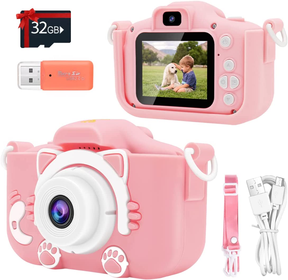 YUE3000 Upgrade Kids cat Camera,Gifts for Boys and Girls of Age 3-9, 1080P HD Digital Video Cameras for Toddler, 20M high -Definition Digital Camera, Suitable for Portable Toys with 32GB SD Card-Pink