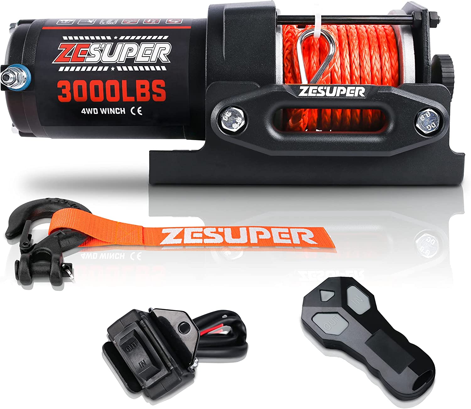 ZESUPER 3000 lb 12V DC Electric Winch for Towing ATV/UTV Off Road with Wireless Remote New Synthetic Rope Mounting Bracket