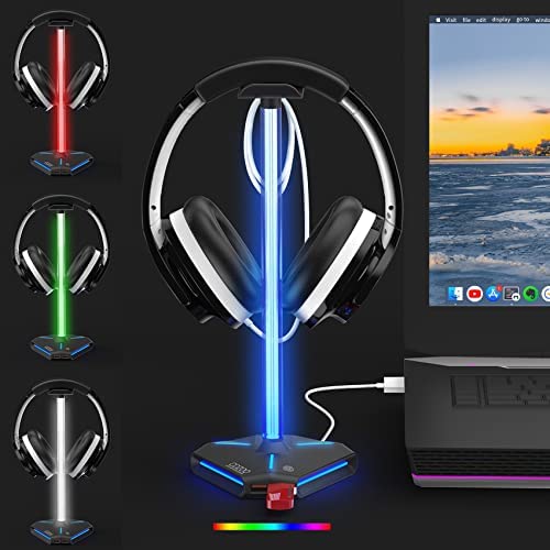 cozoo RGB Headphone Stand with 2 USB2.0 Extension Charging Port Extender Cord,Headset Stand Holder for Gamer Desktop Table Game Earphone Accessories