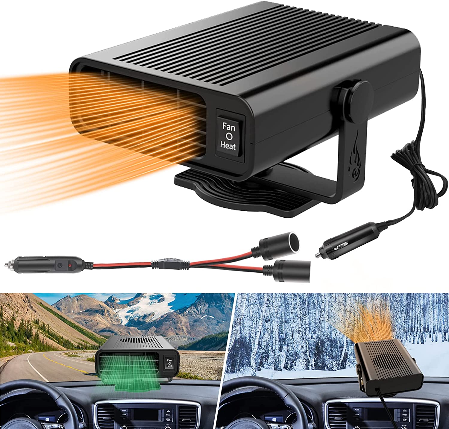 kancehinage Car Heater 12V 120W Portable 2 in 1 Heating and Cooling Fan with Plug in Cigarette Lighter Windshield Defogger and Defroster 360°Rotatable Base With Car Cigarette Lighter Splitter