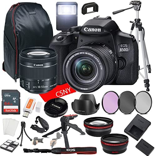 Canon EOS 850D (Rebel T8i) DSLR Camera w/EF-S 18-55mm F/4-5.6 Zoom is STM Lens + 64GB Memory + Back Pack Case + Tripod, Lenses, Filters, & More (28pc Bundle)